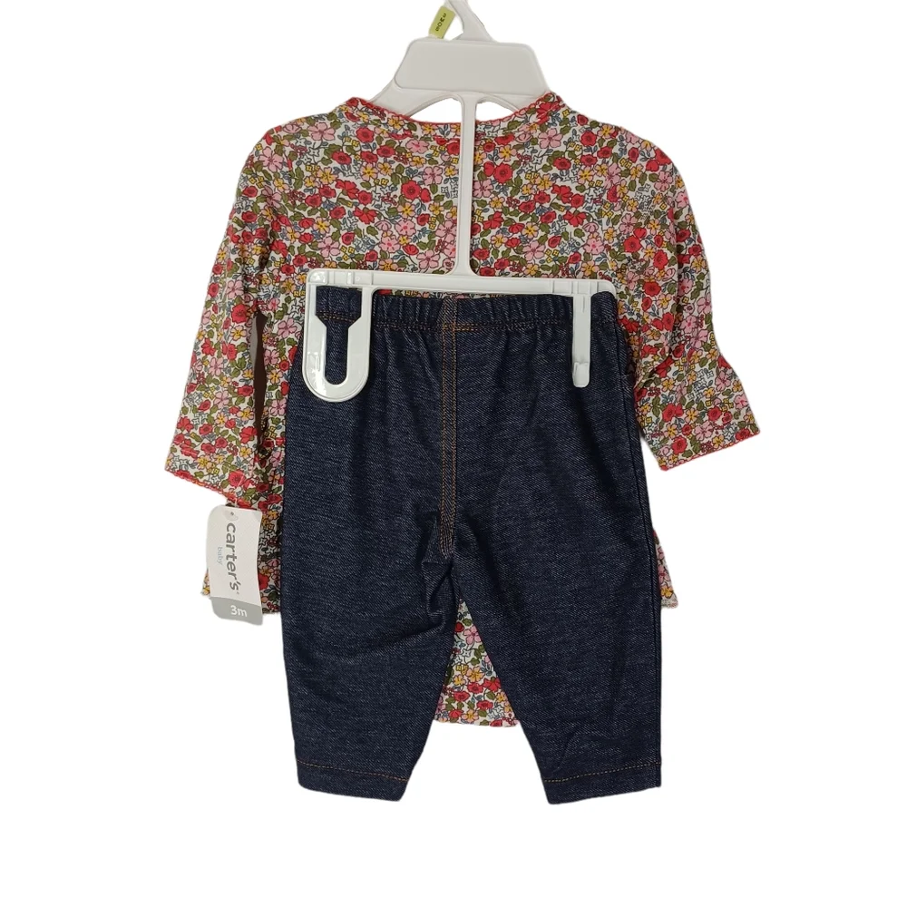 CARTERS 2Pc Red Colorful Ditsy Floral Print Long Sleeve Ruffle Onesie Pants Set